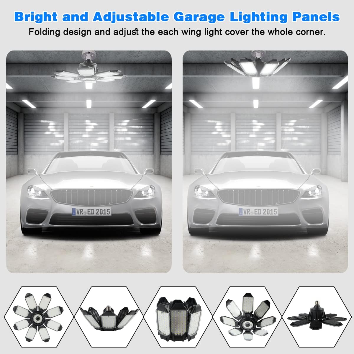 Garage Lighting - 80000LM Super Bright 6500K Garage Lights Ceiling Led w/ 8 Deformable Panels Compatible for E26/E27 Screw in Garage Light Bulb for Shops Barn Basement Attic - 4Pack