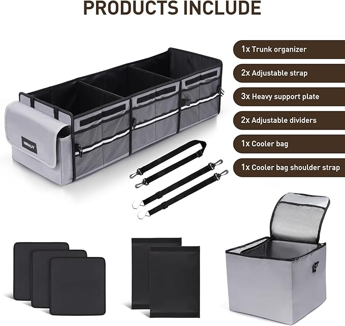 HIRALIY 4 in 1 Car Trunk Storage Organizer, Multi Compartment Foldable Trunk Storage Box with Leakproof Insulated Bag for Car Truck SUV