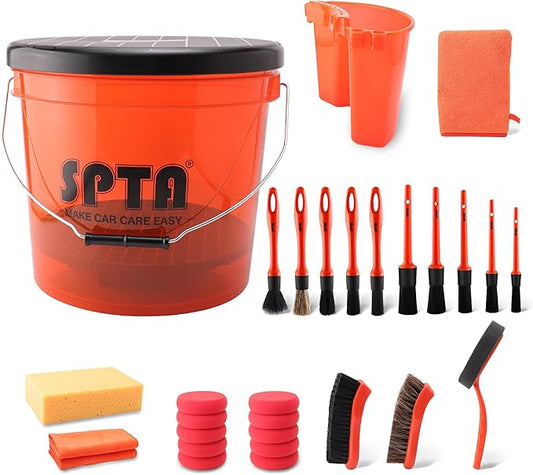 SPTA 29Pcs Car Wash Bucket Set, 15L Scratch Free Detailing Bucket with Car Wash Filter, Wash Mitt Sponge Towels Tire Detailing Brush Set, Exterior Interior Car Detailing Set, Complete Car Care Tools