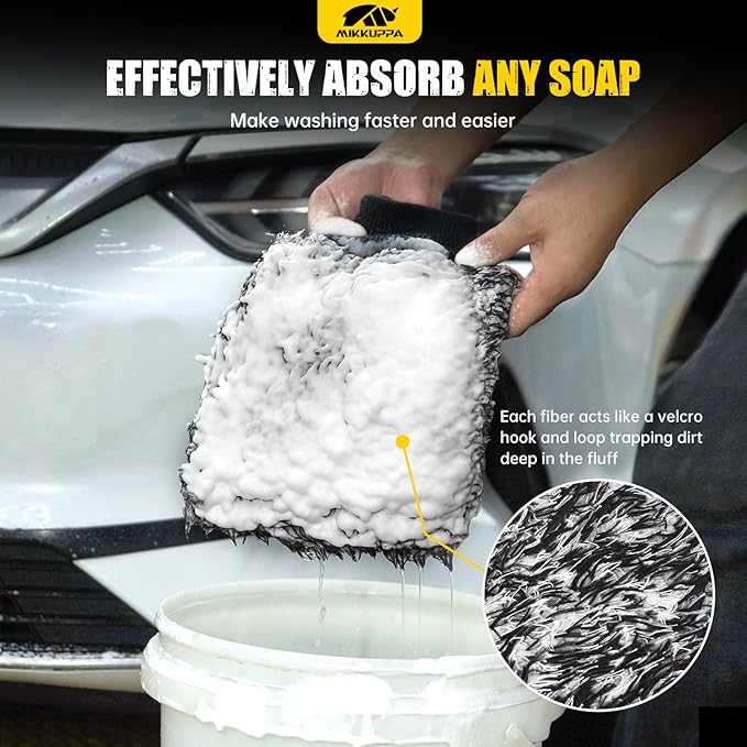 MIKKUPPA Microfiber Car Wash Mitt - Double-Sided Ultra Absorbent Scratch Free Premium Blend Glove for Car Washing Home Cleaning (Blue & Black, 8Pack, 11'' x 8'')