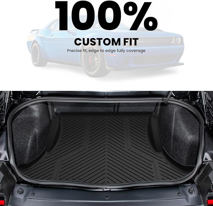 LASFIT Cargo Mats for Dodge Challenger 2011 2012 2013 2014 2015 2016 2017 2018 2019 2020 2021 2022 2023, All Weather TPE Custom Fit Trunk Mats Cargo Liners, Black