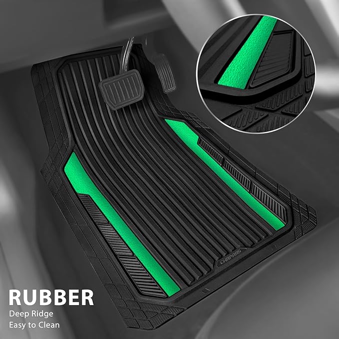 CAR PASS Heavy Duty Rubber Car Mats Metallic,Aluminum Film All Weather Floor Mats Waterproof Universal Trim to Fit SUVs Sedans Vans 4 Piece Anodized Deep Dish Two-Tone Sporty Black Green Chrome