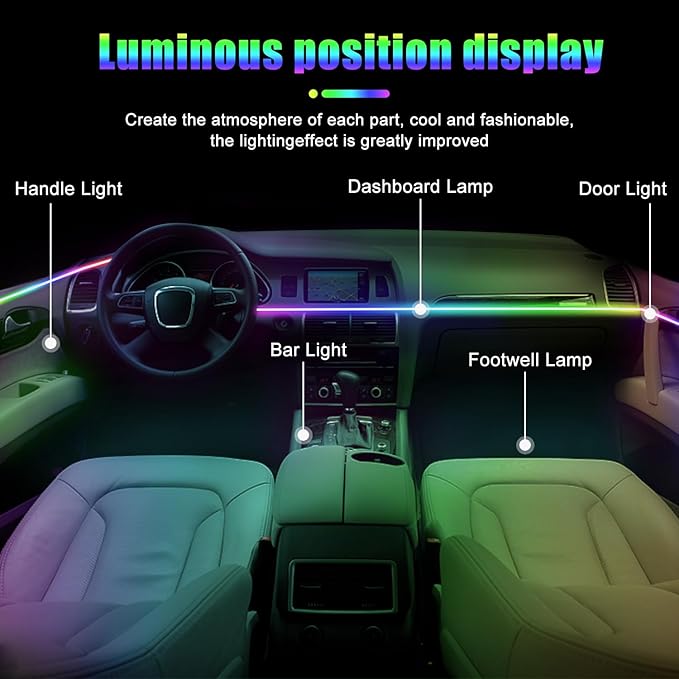 Dreamcolor Acrylic Interior Car Lights, 2 Piece 43.3inch/110cm 128 Colorful Car LED Strip Light RGB Fiber Optic Rainbow Ambient Lighting bar, Universal Decoration Dynamic Atmosphere Neon Lights