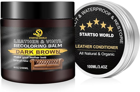 STARTSO WORLD 200Ml Leather Recoloring Balm with 100ML Leather Conditioner, Dark Brown Leather Repair Kit for Furniture, Leather Dye, Leather Scratch Repair, Leather Couch Paint