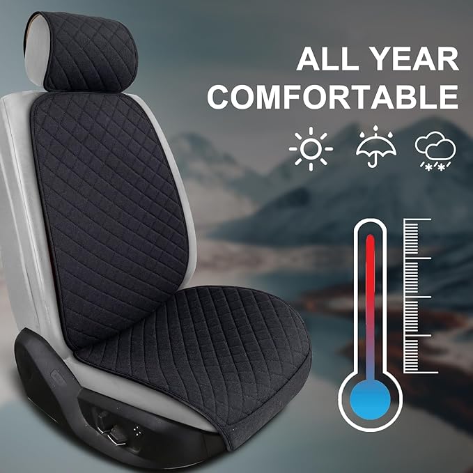 Linen Car Seat Covers Front Seat Covers Breathable Cloth Fabric Car Seat Protector - Universal Fit for Cars, Vans, SUVs, Trucks - 2 Units - Black
