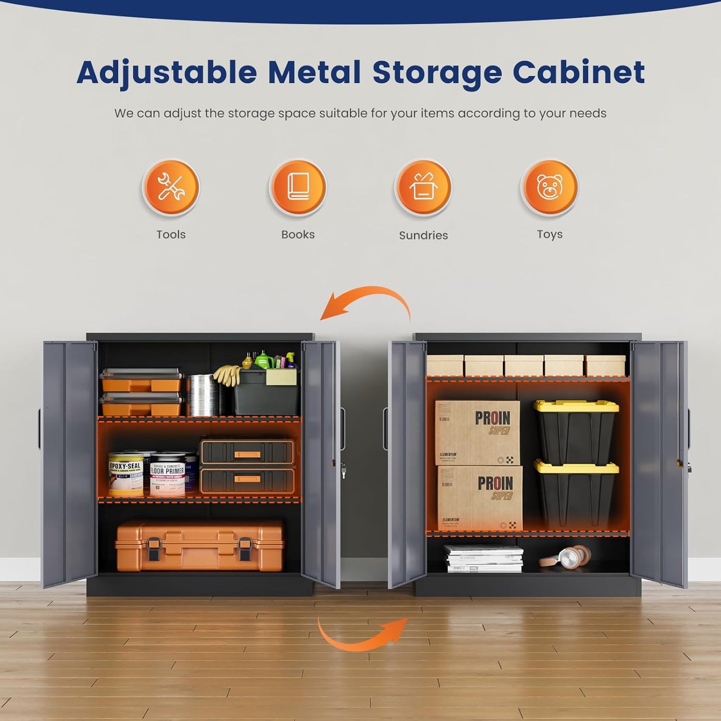 Yizosh Metal Garage Storage Cabinet with 2 Doors and 2 Adjustable Shelves - 35.5" Steel Lockable File Cabinet for Home Office,Garage,Gym,School（Gray Black）