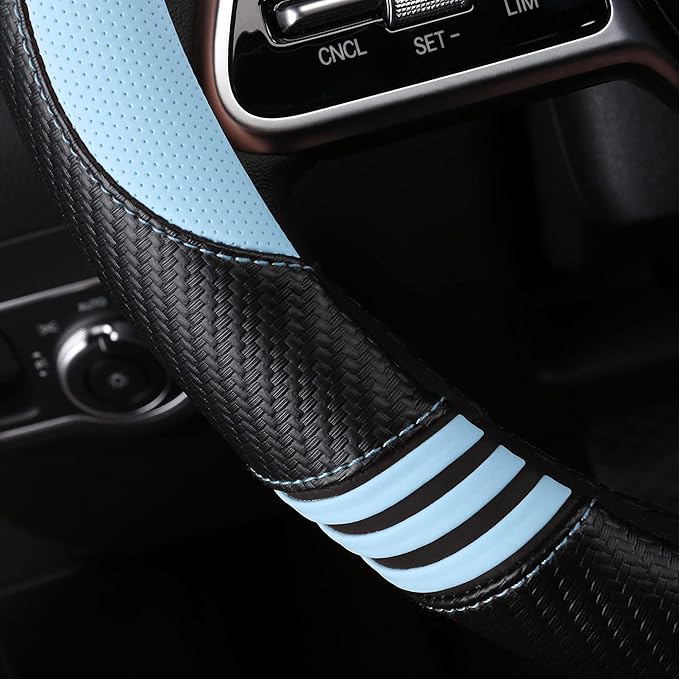 Car Steering Wheel Covers for Women Girl Padded Carbon Fiber PU Leather Cute Cartoon Auto Interior Accessories for Jeep, Truck, Universal, Anti Slip, Blue, Large Size 15.5-16"(39-41cm)