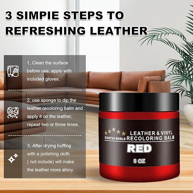 STARTSO WORLD Leather Recoloring Balm, Red Leather Repair Kit for Furniture, Leather Dye, Leather Color Restorer for Couches, Leather Couch Paint | Repair, Restore & Renew Old, Faded Leather