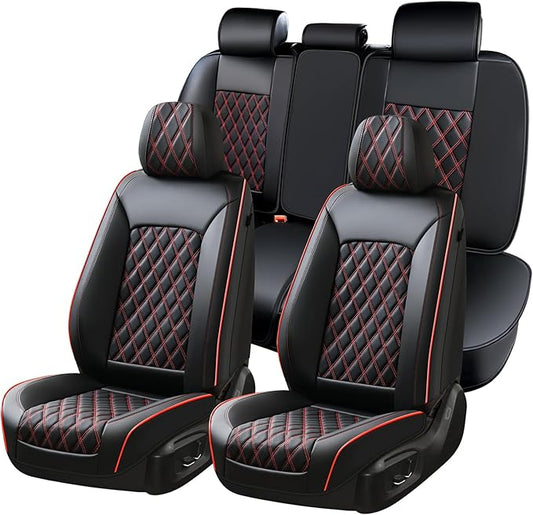 Huidasource Seat Covers for Car, Full-Cover Nappa Leather Car Seat Covers Full Set Waterproof, Black Car Seat Cover Front ＆ Back Seat Fit for Most Cars, Vans, Trucks, SUVs (Full Set/Black&Red)