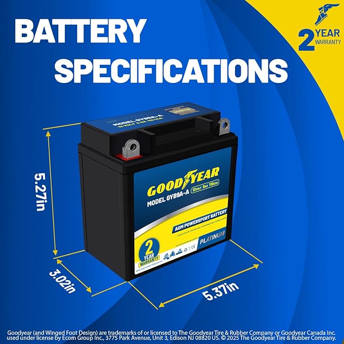 Goodyear GYB9A-A - 12 Volt 9 AH, 110 CCA, Rechargeable High-Performance, Maintenance Free, SLA - AGM Battery for Motorcycle, ATV, UTV, Scooter, Snowmobile, Motorbike and more!