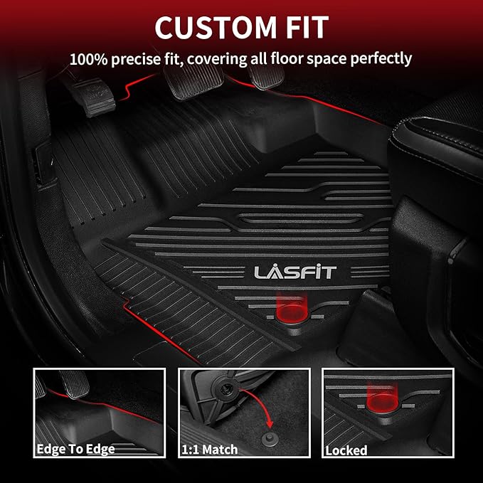 LASFIT Floor Mats for Ford F-150 2021-2025 | F150 Lightning 2022-2025 SuperCrew (Rear w/Fold Flat Storage) Carpet Floor All Weather Car Liners TPE Truck Mats - 1st and 2nd Row, 3pcs Black