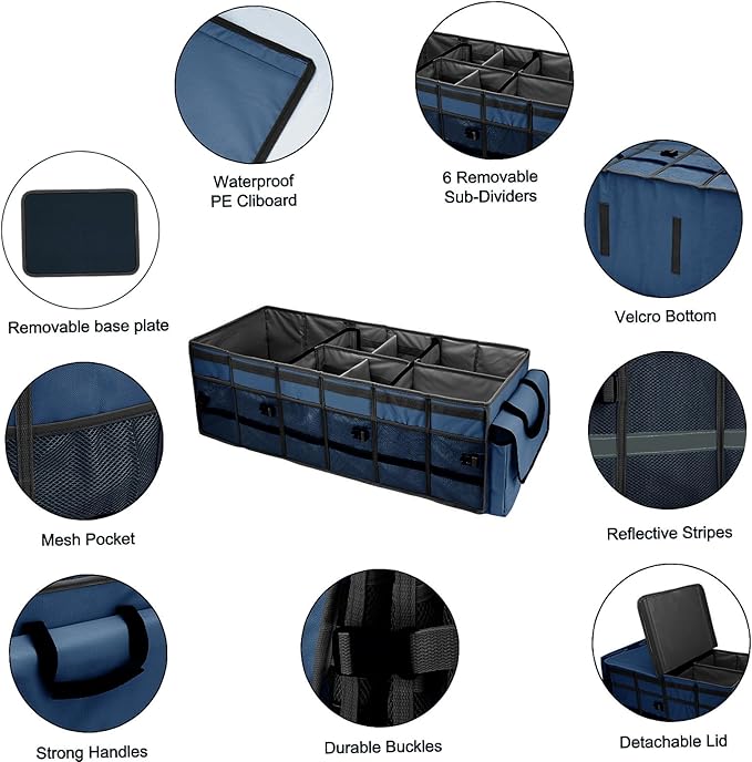 Car Trunk Organizer and Storage with Removable Leakproof Cooler Bag, 6 Removable Dividers for Custom Space, Collapsible Trunk Storage with Non Slip Bottom, Foldable Cover for SUV, Jeep, MPVs