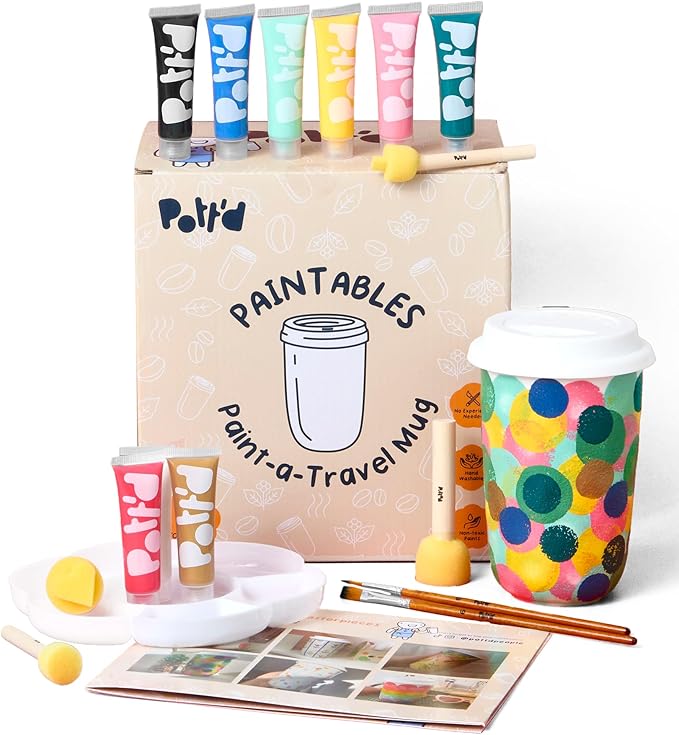 Pott’d Paintables Paint-a-Travel Mug Kit, DIY Pottery Painting Kit for Adults with Travel Mug, Paints, Brushes, Sponges, Palette and Guide, Craft Kit for Adults, Ideal for Personalised Gifts