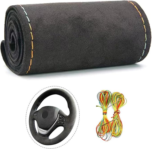 Suede Leather Steering Wheel Cover - DIY Stitch-On Wrap with Needle & Thread (Multiple Thread Colors), Breathable Cowhide, Non-Slip Grip, Fits 17-18 Inch, Comfortable & Durable for Year-Round Use