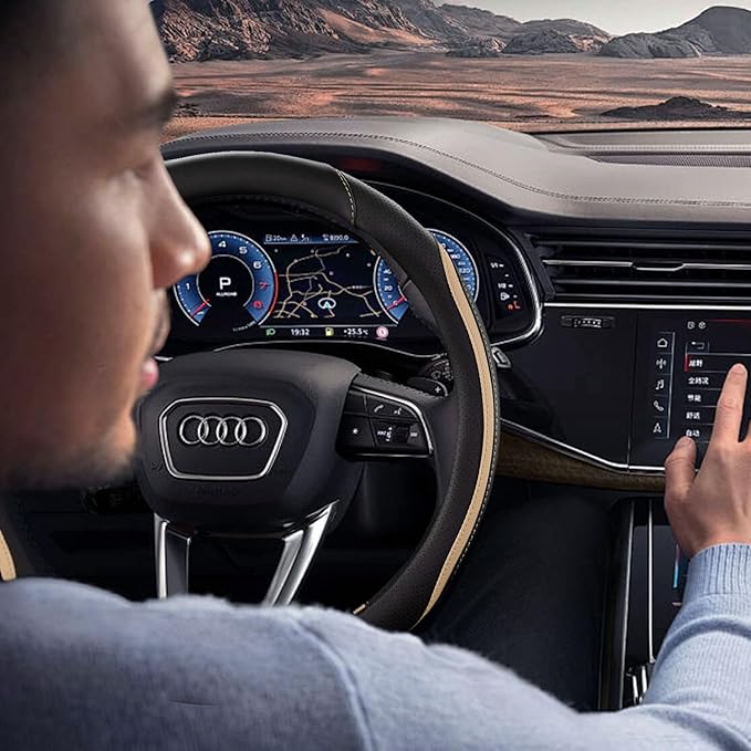 Car Steering Wheel Cover, Leather Steering Wheel Cover Beige Universal 14.5-15 Inch Microfiber Leather Anti-Slip Breathable Auto Steering Wheel Covers for Men Women (Black&Beige)