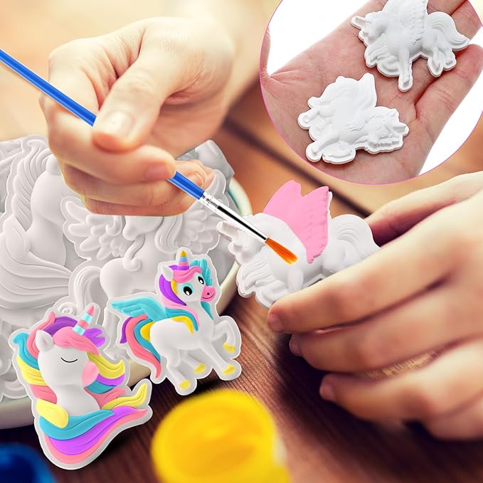 24 Set Unicorn DIY Painting Kit Ceramic to Paint Your Own Unicorn Statues Unpainted Plaster Figurines with Brushes Acrylic Bags Arts and Crafts Kits Party Favor for Adults