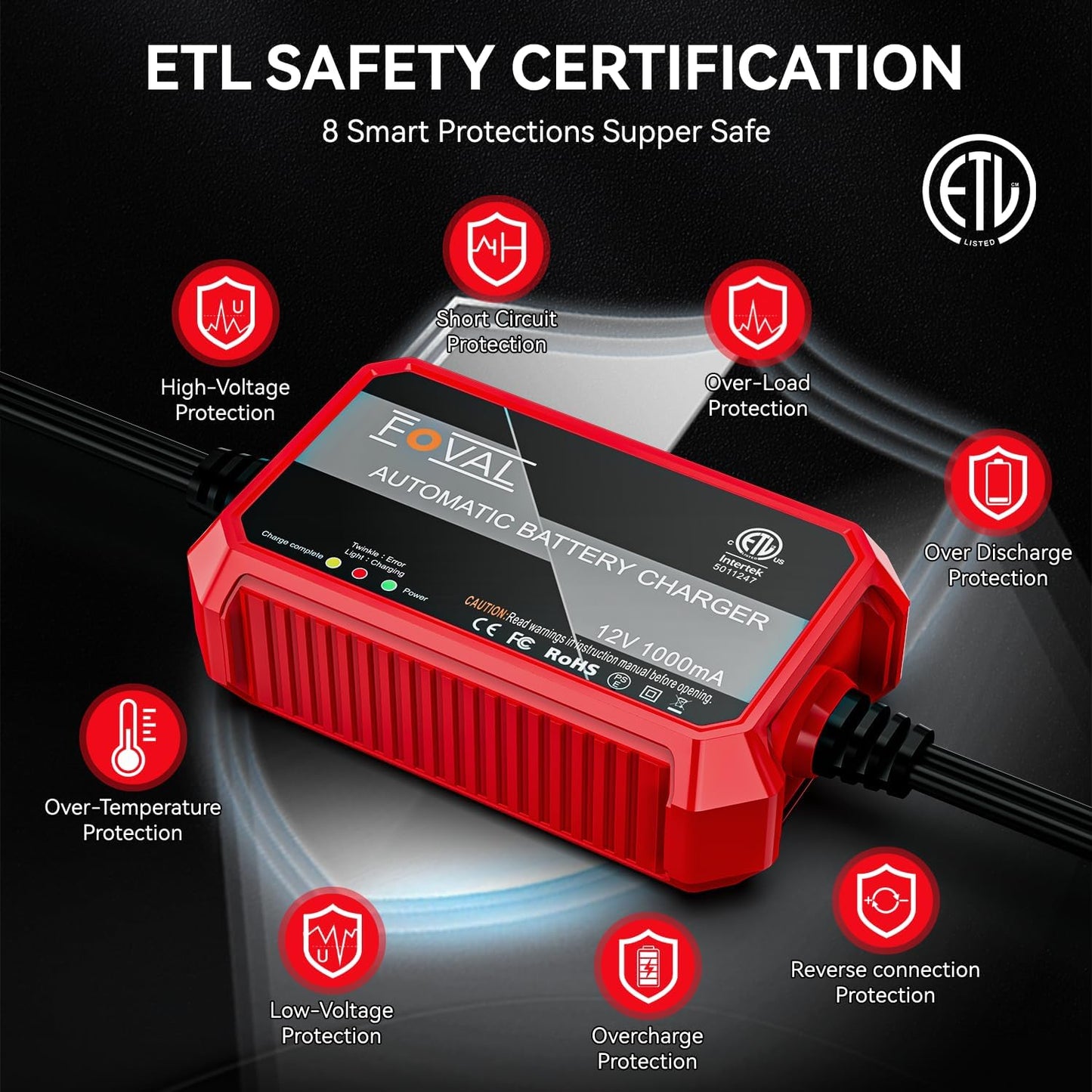 [2-Pack] FOVAL Fully Automatic Trickle Charger, 1000mA 12V Smart car Battery Charger, Battery Maintainer, Float Charger for Motorcycle Car Lawn Mower Boat SLA ATV Wet Gel Cell Lead Acid Batteries