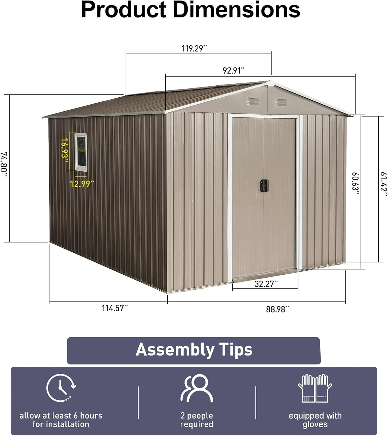 8x10 FT Outdoor Storage Shed, Metal Garden Shed with Frame Floor, Outside Tool Shed with Window, Waterproof Storage Building with Lockable Sliding Doors & Sloped Roof for Backyard, Patio, Warm Gray