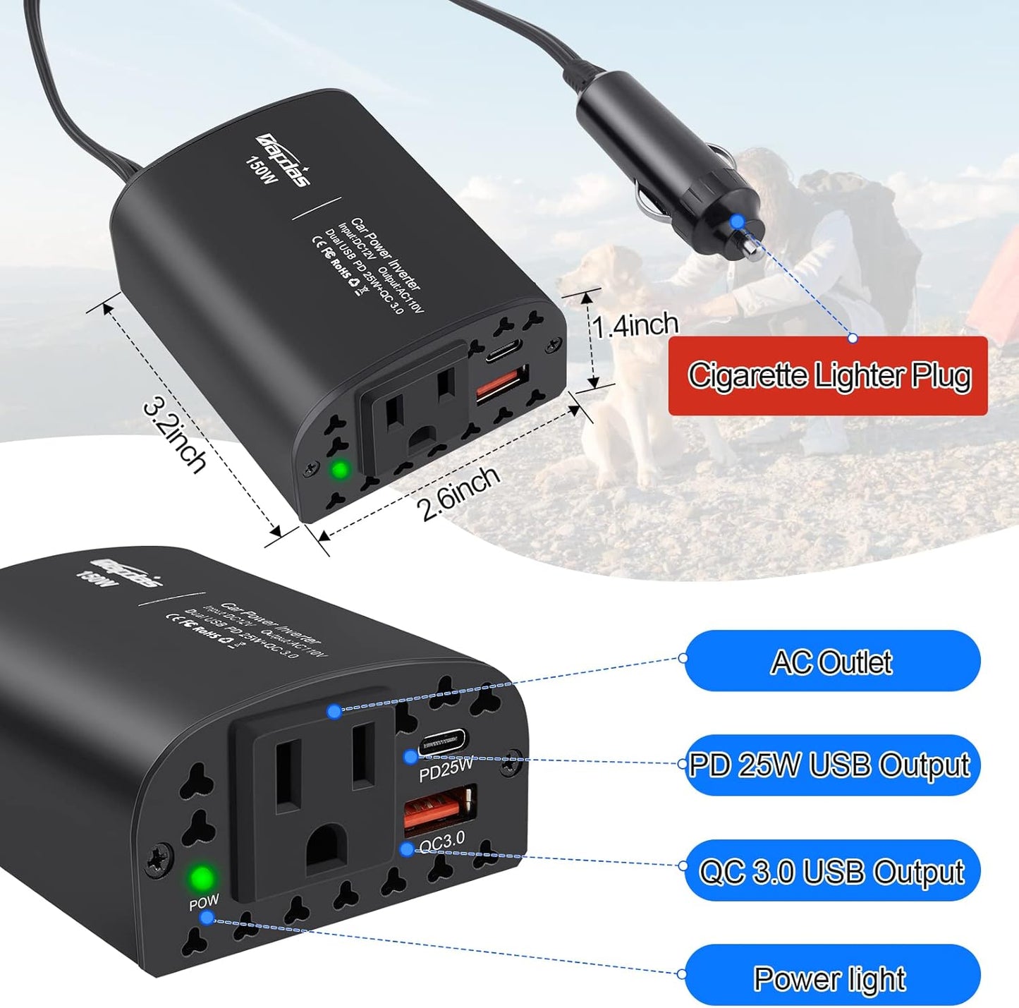 150W Car Power Inverter DC 12V to 110V AC Car Outlet Adapter with PD 25W &QC3.0 USB Ports Laptop Car Charger