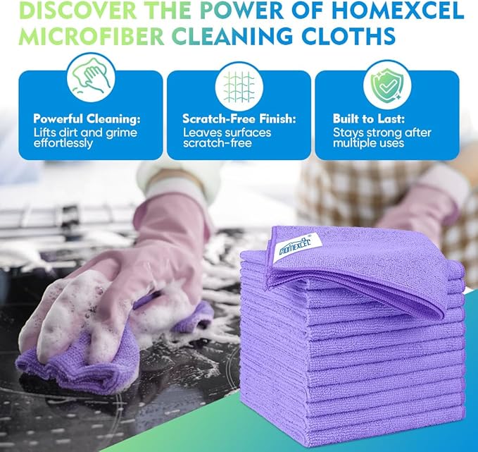 HOMEXCEL Purple Microfiber Cleaning Cloth 12 Pack 12.5 x 12.5 Inch Microfiber Towels for Cars Ultra Absorbent Cleaning Rags Lint Free Cleaning Towels for Household Kitchen, Window Car