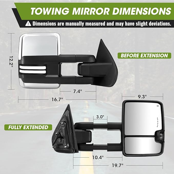 Towing Mirrors for Chevy Silverado/GMC Sierra 1500 (2014-2018), 2500HD/3500HD (2015-2019) Switchback Dynamic Turn Signal/Running Lights Power Heated (Chrome)