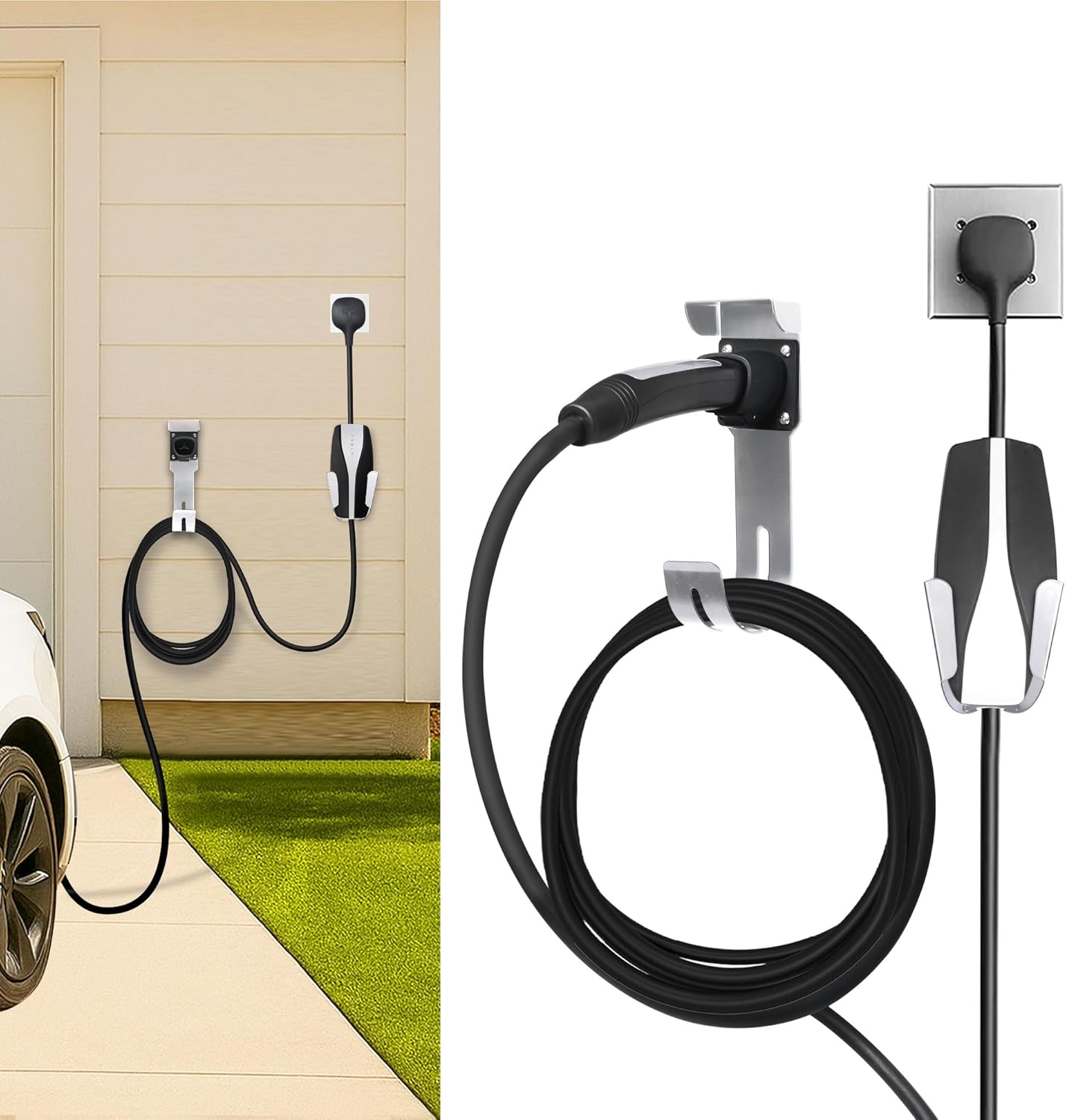Tesla Charger Holder Wall Mount Kit, Sliver Mobile Connector Charging Cable Cord for Tesla Model for Indoor Outdoor Garage, Wall Mount Cable Organizer Bracket with UMC Holder