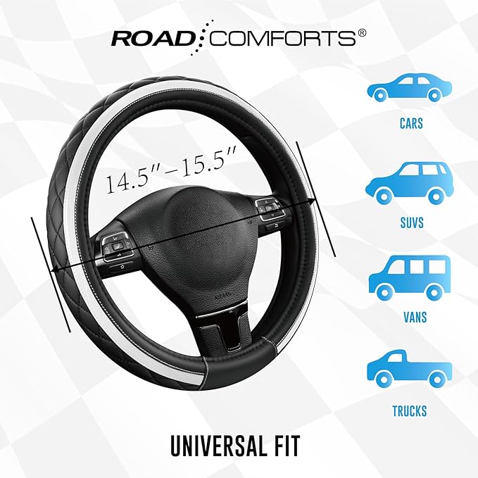 Road Comforts Leather Steering Wheel Cover – Black & Silver, Universal Fit 14.5-15 Inch, Microfiber Leather, Anti-Slip & Breathable Design for Men and Women