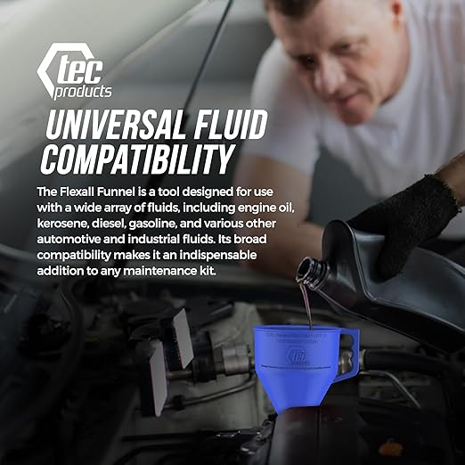 TEC Products FlexAll Long Flexible Funnel for Automotive Use - Durable Nitrile Rubber - Ideal for Car Oil Change, Transmission Funnel Fluid, Diesel, Fuel, Gas - Made in USA - Blue (16 x 5 Inches)