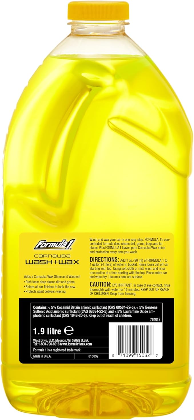 Formula 1 Car Wash and Carnauba Wax, 2-in-1 Car Cleaning Soap for Auto Detailing, Removes Tough Dirt and Leaves a Brilliant Shine (64 oz)