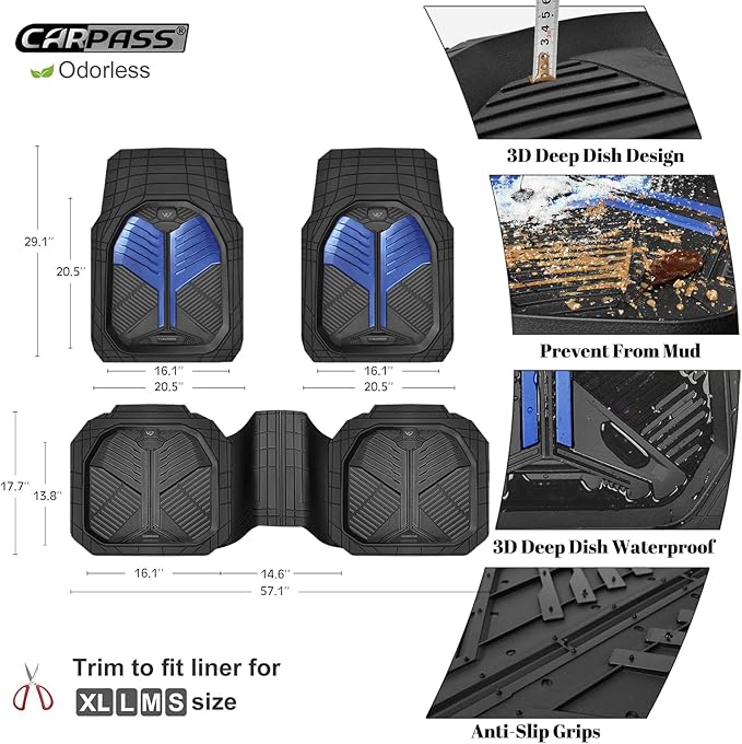 CAR PASS Heavy Duty Rubber Car Mats, Deep-Dish Car Floor Mats All Weather, Universal Two-Tone Trim-to-Fit for SUVs Trucks Sedans, Waterproof Anti-Slip, 3 Pieces V12 Black and Metallic Blue