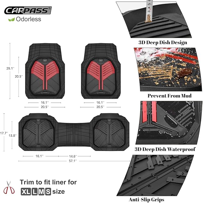 CAR PASS Heavy Duty Rubber Car Mats, Deep-Dish Car Floor Mats All Weather, Universal Two-Tone Trim-to-Fit for SUVs Trucks Sedans, Waterproof Anti-Slip, 3 Pieces V12 Black and Metallic Red