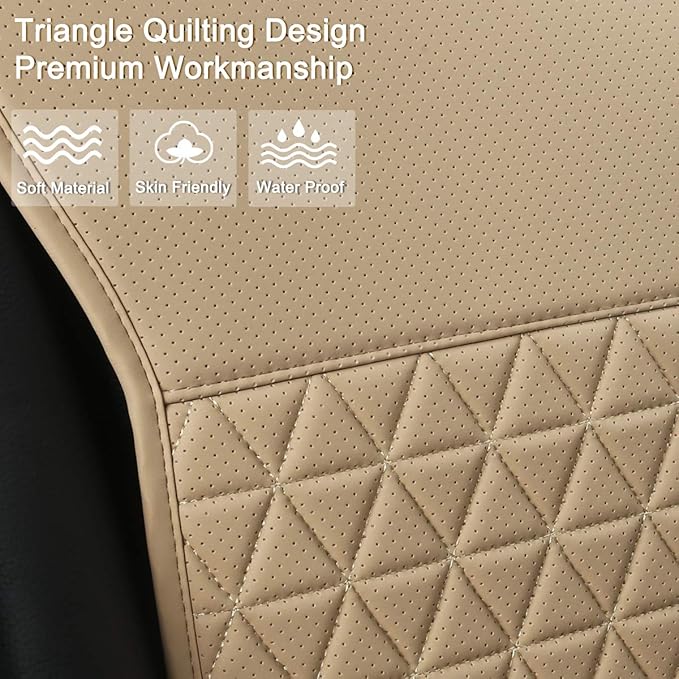 Black Panther 1 Pair Luxury PU Car Seat Covers Protectors for Front Seats, with Partial Backrest Coverage (Middle Part Only), Triangle Pattern, Compatible with 95% Cars - Beige