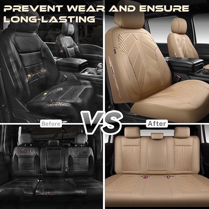 CAR PASS Waterproof Car seat Covers Full Sets Neoprene Wetsuit, All-Weather Non-Slip Durable, Universal Fit for SUV Sedans Trucks Vans Automotive, Armrest Airbag Compatible, 3D Emboss All Beige