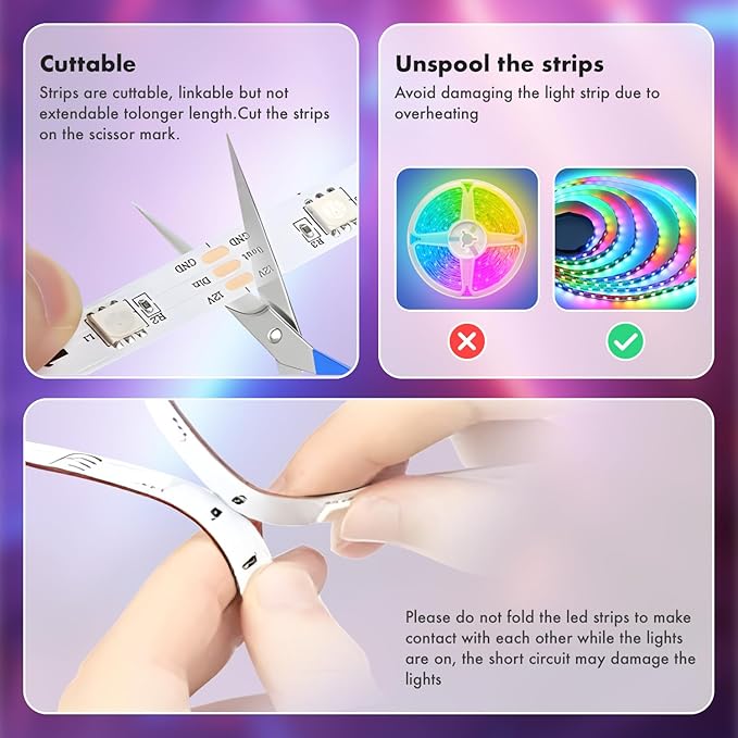 130 ft(2 Rolls of 65ft) IC+RGB,Led Lights for Bedroom,Music Sync Color Changing,Led Strip Lights,with Remote App Control Led Strip,Led Lights for Room Home Kitchen Decor Party