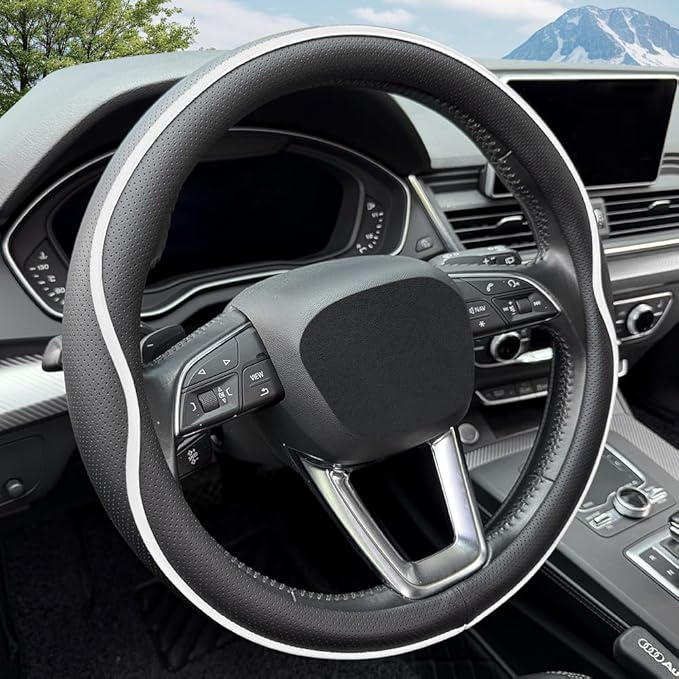 Leather Steering Wheel Cover， with Anti-Slip Stripe Design - Enhanced Grip, Fashion Style, Safe, Non-Slip, Breathable. Upgrade car Interior，Black White
