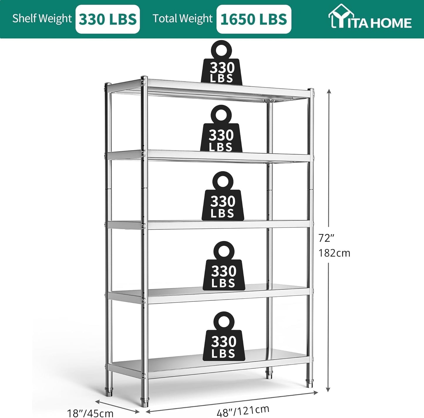 YITAHOME NSF Stainless Steel Shelves, 48"*18"*72" 5 Tier Storage Shelf, Heavy Duty Shelving for Kitchen Garage Office Restaurant Warehouse, 201 Bright Silver