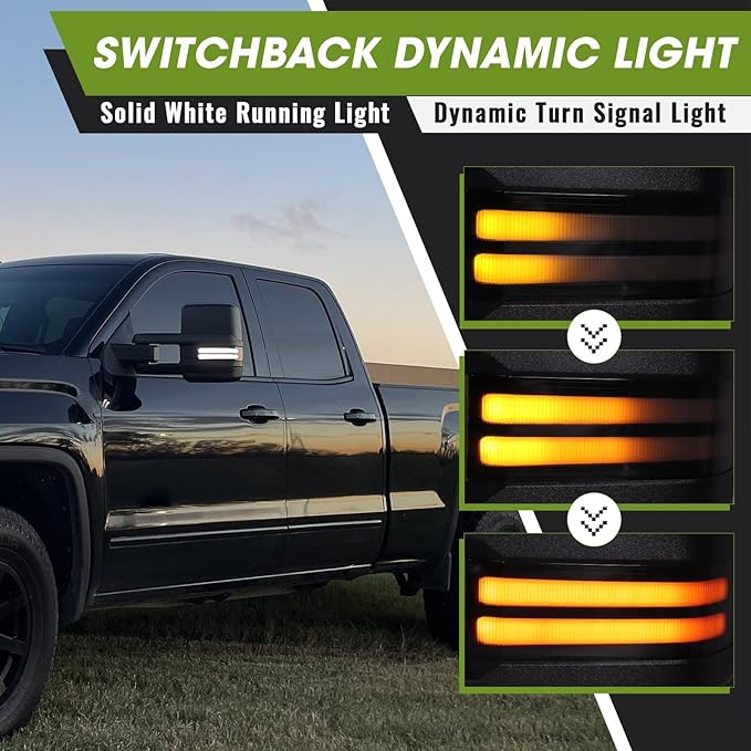 Towing Mirrors for Chevy Silverado/GMC Sierra 1500 (2014-2018), 2500HD/3500HD (2015-2019) Switchback Dynamic Turn Signal/Running Lights Power Heated (Textured Black)