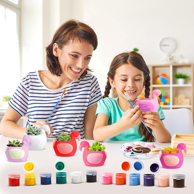 Pasimy 6 Set DIY Ceramic Succulent Planter Pots Paint Your Own Flower Pots Craft Kit Unpainted Bisque Paintable Flowerpot with Brush Palette Ready to Paint for Family Activity Gift (Flamingo)