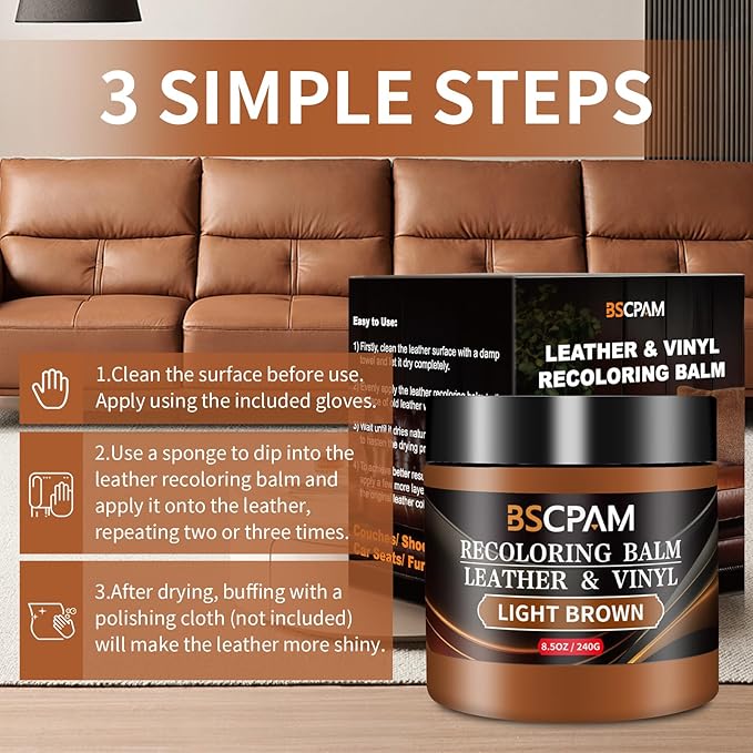 Light Brown Leather Recoloring Balm,Leather Couch Scratch/Stain Remover,Leather Repair kit for Vinyl Furniture and Car Interior,Leather Dye Paint for Scratched and Faded Leather Couches