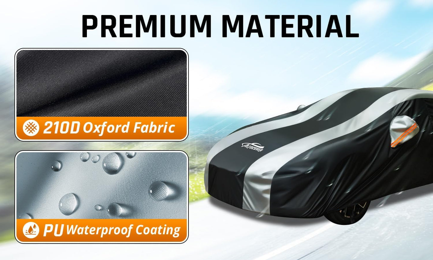 Car Covers for Automobiles All Weather Waterproof with Silver Stripe Design, Universal Fit Ford Mustang, Chevrolet Camaro, Toyota Camry, Honda Accord Civic, Nissan Altima,Tesla Model 3