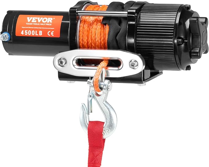 VEVOR ATV Winch, 4500 lb Electric Winch with Synthetic Rope, 12V DC ATV UTV Winch 1/4 in x 39 ft Aluminum Fairlead Wired Remote Control, IP55 Waterproof for Towing Boat Off Road Recovery