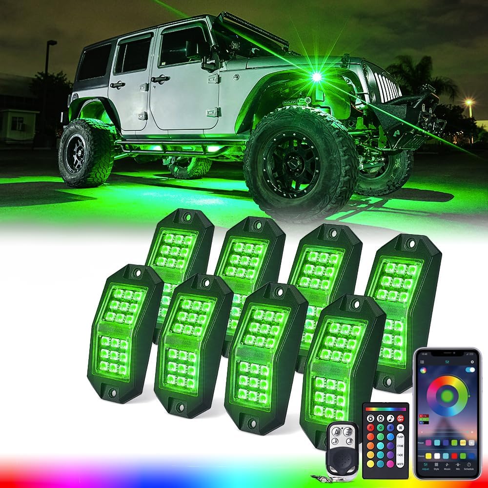 Xprite 8 Pods Rock Lights Wide Angle Bluetooth RGB Rocklights, Multicolor Neon Lighting Footwell Underglow Kits w/Wireless Remote, Compatible Jeep UTV ATV SUV RZR Off-Road Trucks Cars Boats