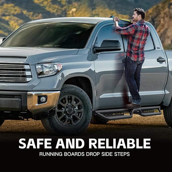 CrewMax Cab Running Boards Side Steps Compatible with 2007-2021 Toyota Tundra Crew Max Cab, Two Stair Drop Design Style Black Truck Side Rails Nerf Bars (Black Powder Coated, Star Logo)