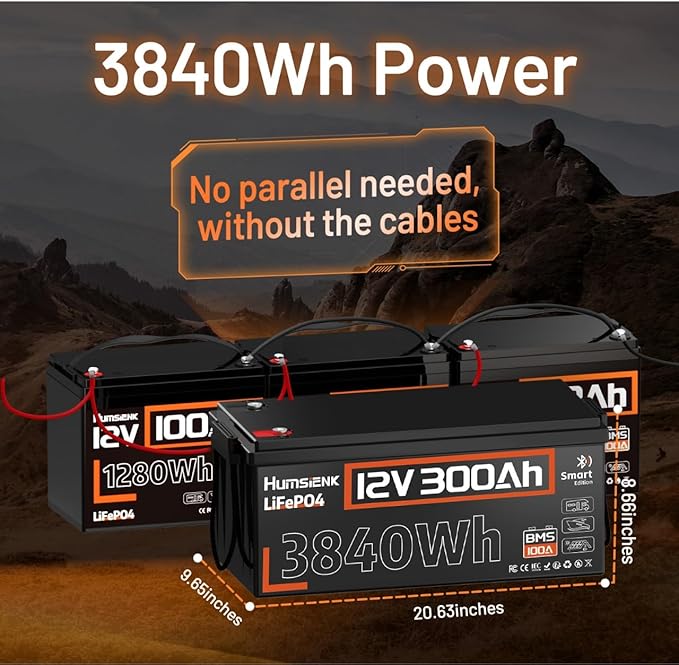 HumsiENK Bluetooth 12V 300Ah Battery LiFePO4 Lithium Built-in 100A BMS, 15000 Deep Cycles Battery 3840Wh with Low-Temp Protection for RV Marine Trolling Motor Home Energy Storage Off-Grid Living