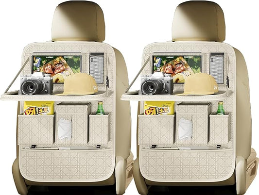 GMQ Backseat Car Organizer, Car Back Seat Organizers with Tray,Multifunctional Car Seat Back Organizer with Foldable Tablet Holder (Beige, 2 PCS)