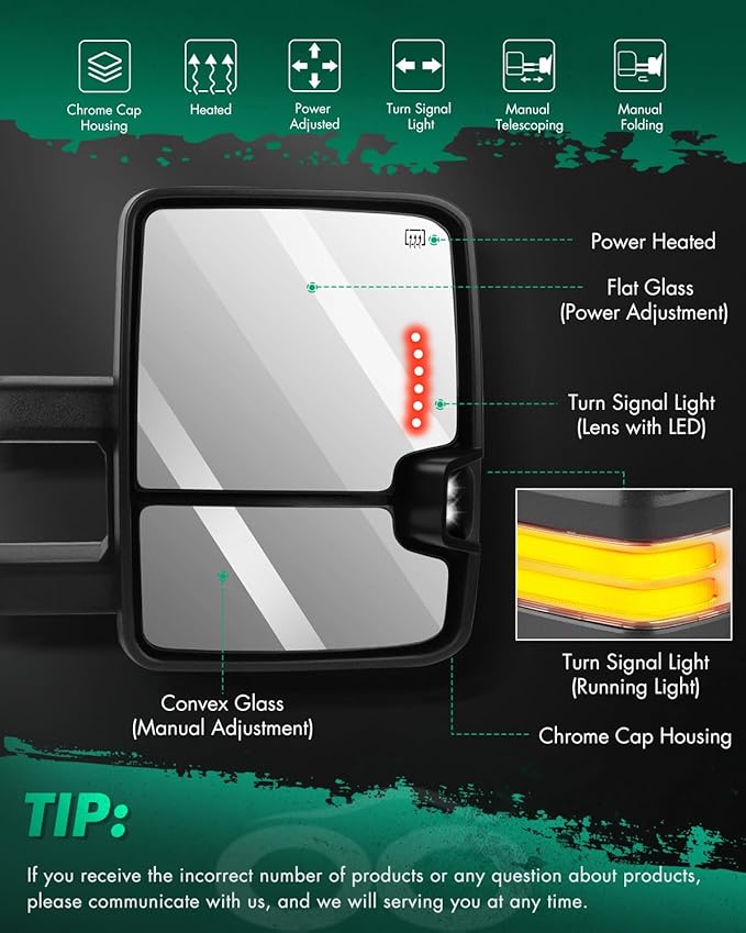 SCITOO Towing Mirrors Tow Mirrors Chrome Truck fit for 2008-2013 For Chevy Silverado For GMC Sierra All Models with Pair LH RH Power Adjusted Heated LED Turn Signal Running Light