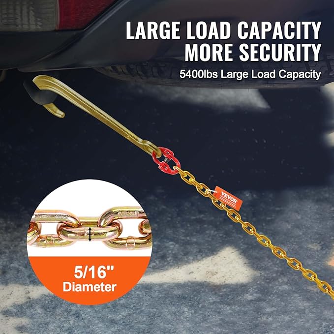 VEVOR J Hook Chain, 5/16" x 6' G80 15" Long Shank J Hook Tow Chain with RTJ Cluster Hook & Grab Hook, 5400 lbs Safe Working Load, Heavy Duty Transport Truck Chain for Wrecker Recovery Trailer Towing