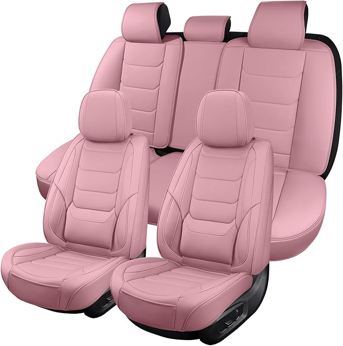 Leather Car Seat Covers Full Set Breathable Automotive Seat Covers Waterproof Seat Protectors Universal Fit for Most Automotive Cars SUV Trucks(Pink, Full Set)