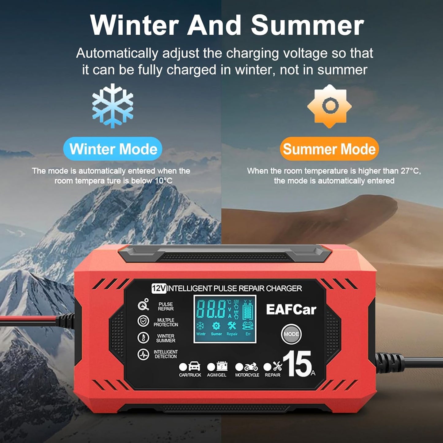 15-Amp Battery Charger, 12V Trickle Charger Car Battery Charger, Smart Automatic Lead Acid Charging with Temperature Compensation for Car Truck Lawn Mower Boat Marine(15A)