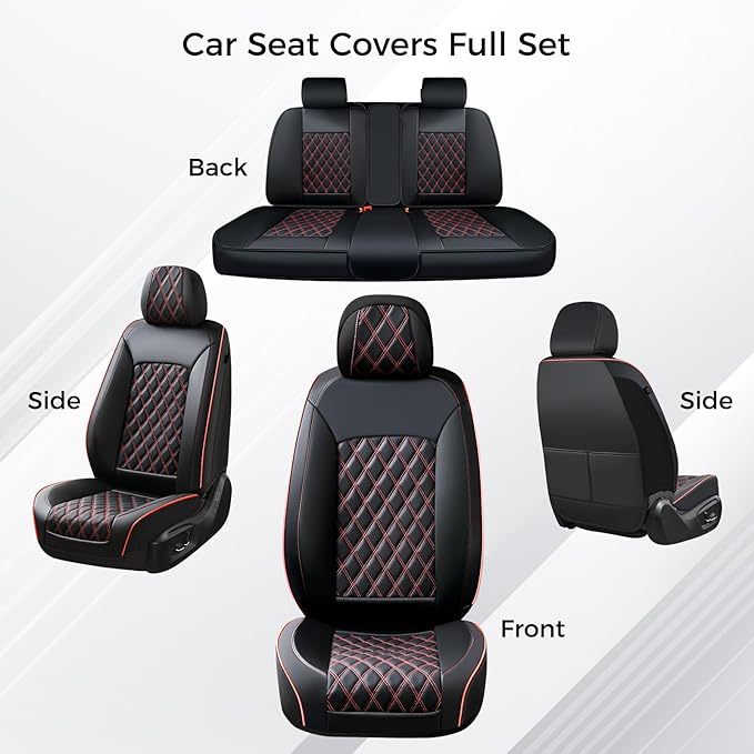 Huidasource Seat Covers for Car, Full-Cover Nappa Leather Car Seat Covers Full Set Waterproof, Black Car Seat Cover Front ＆ Back Seat Fit for Most Cars, Vans, Trucks, SUVs (Full Set/Black&Red)
